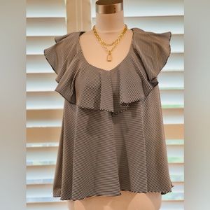 Gianni Bini Ruffle Neck Black White Stripe Tank S